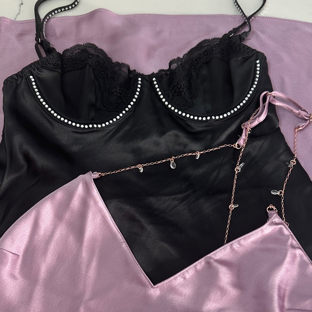 Victoria's Secret Black and Lavender Satin Pajama Bundle